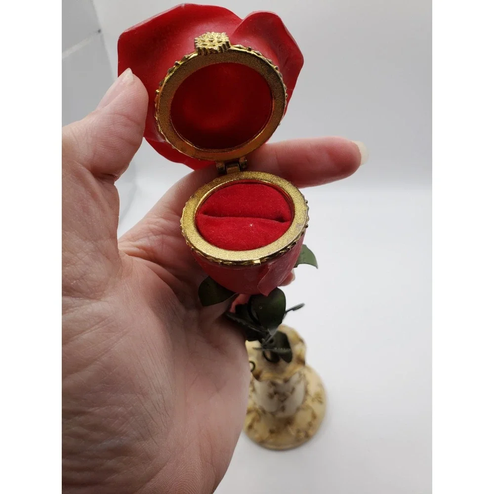 Rose In A Vase Ring Trinket Box Resin and Metal Velvety Lining 9